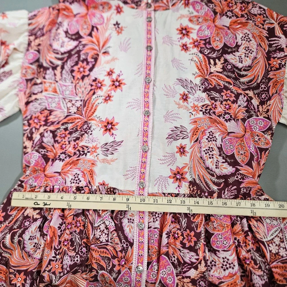 Free People Janelle Dress Floral Paisley Flutter Sleeve Tunic Mini Pink Orange M